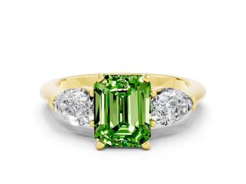 Yellow gold Three-Stone Emerald Cut Peridot Ring with Pear Side Stones and Four-Prong Setting