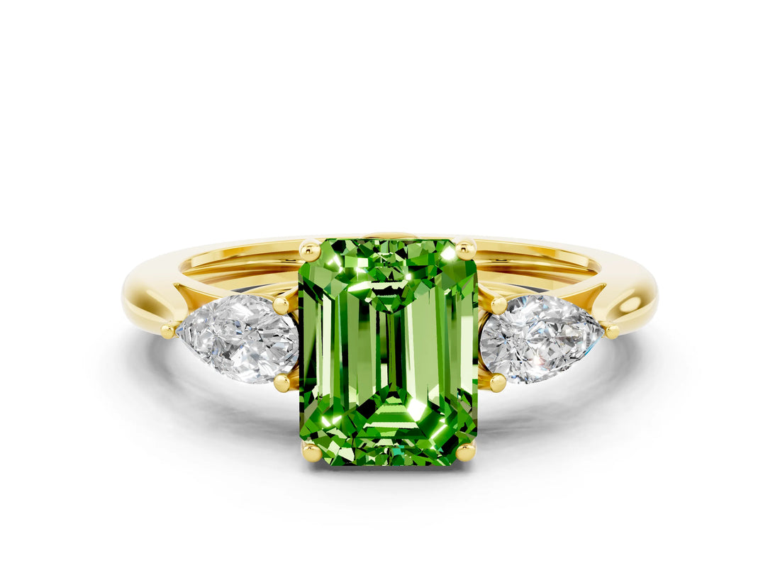 Yellow gold Three-Stone Emerald Cut Peridot Ring with Pear  Side Stones in Four-Prong Setting_12