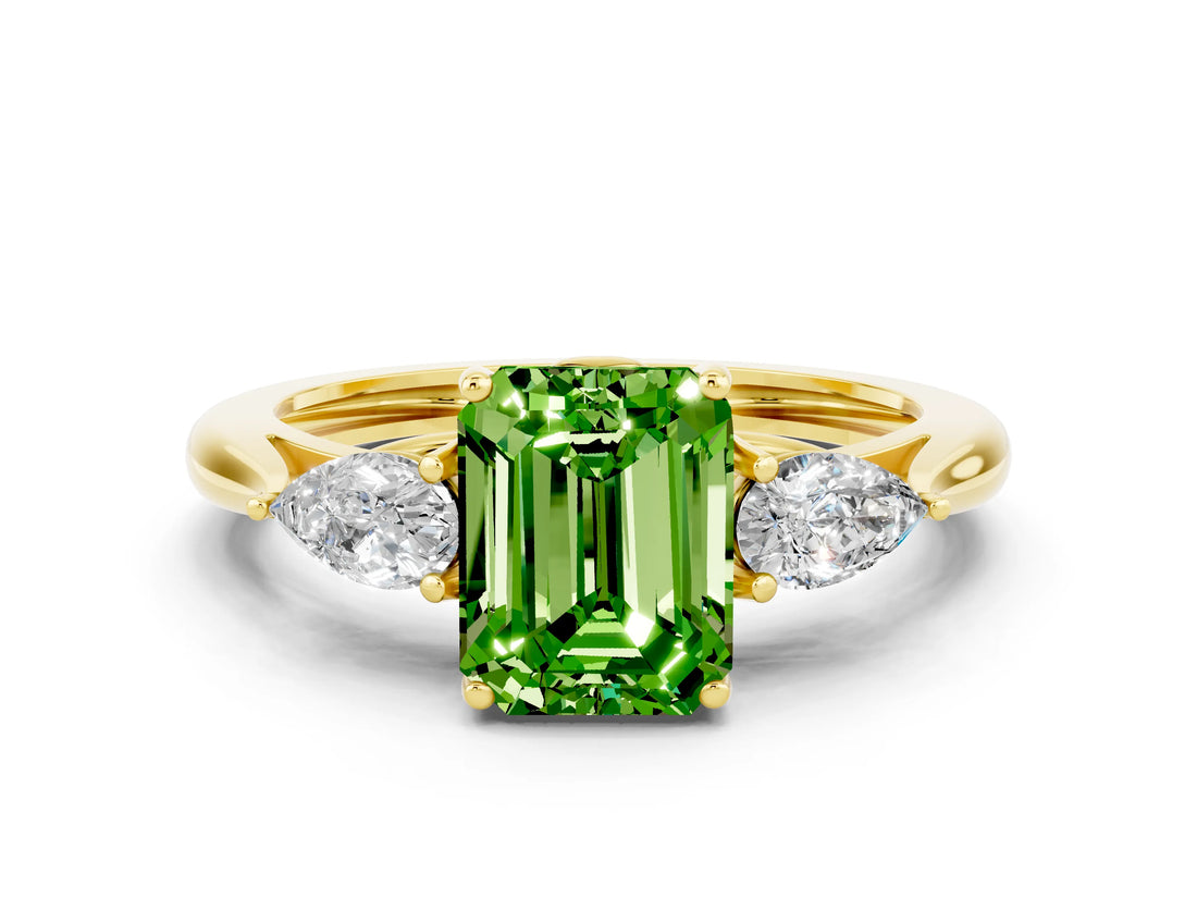 Yellow gold Three-Stone Emerald Cut Peridot Ring with Pear  Side Stones in Four-Prong Setting_36