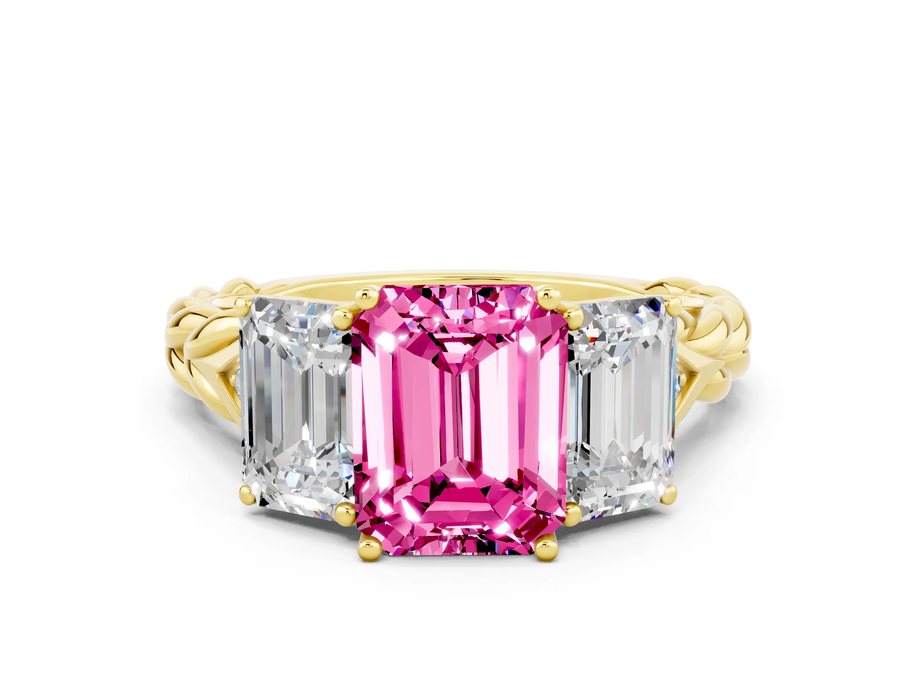 Yellow gold Three-Stone Emerald Cut Pink Sapphire Braided Band Ring with Four-Prong Setting_60