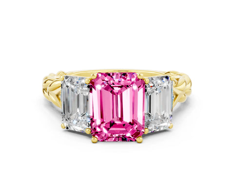 Yellow gold Three-Stone Emerald Cut Pink Sapphire Braided Band Ring with Four-Prong Setting_60