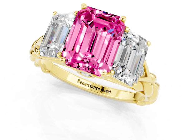 Yellow gold Three-Stone Emerald Cut Pink Sapphire Braided Band Ring with Four-Prong Setting