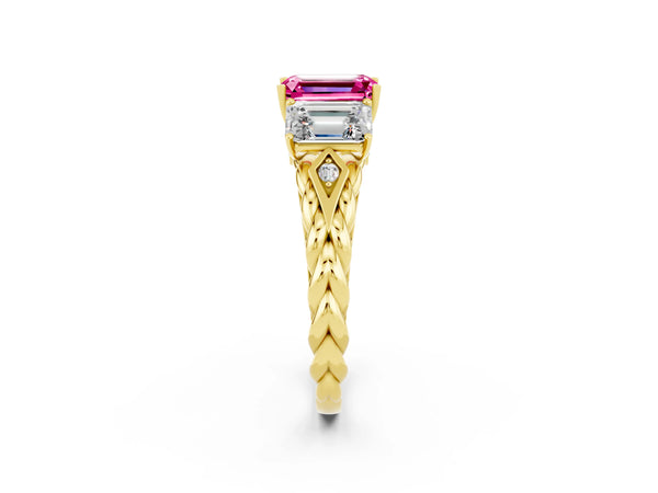 Yellow gold Three-Stone Emerald Cut Pink Sapphire Braided Band Ring with Four-Prong Setting