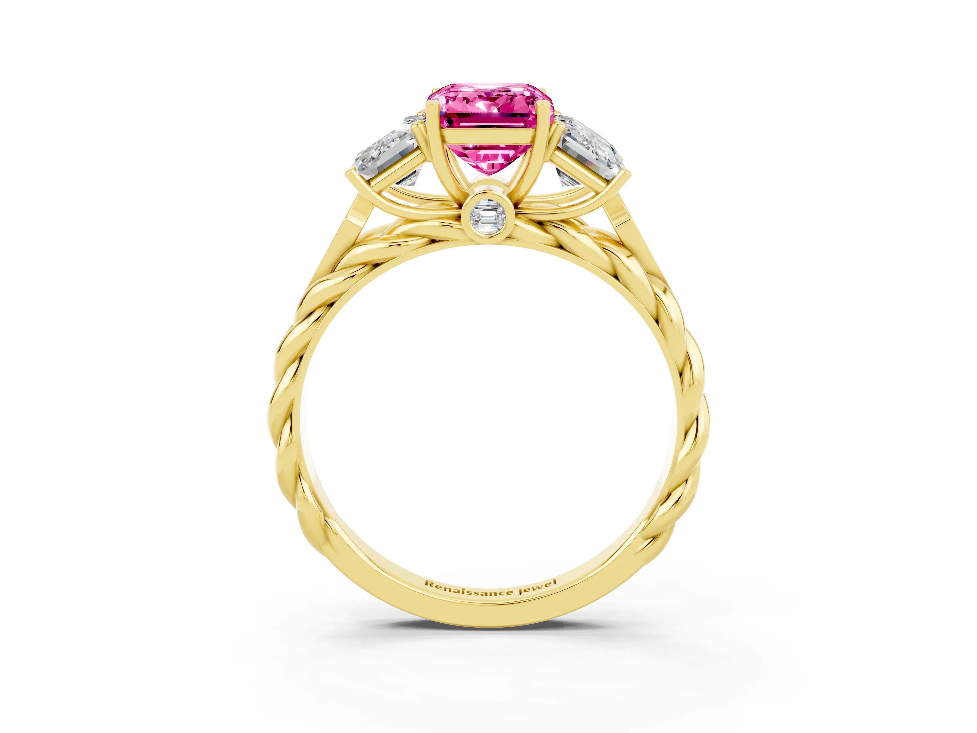 Yellow gold Three-Stone Emerald Cut Pink Sapphire Braided Band Ring with Four-Prong Setting_63