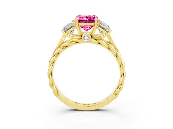 Yellow gold Three-Stone Emerald Cut Pink Sapphire Braided Band Ring with Four-Prong Setting