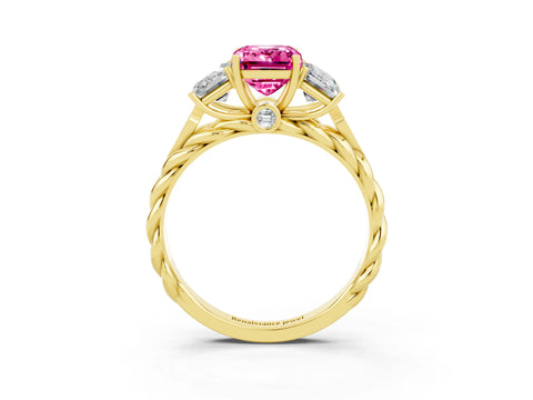Yellow gold Three-Stone Emerald Cut Pink Sapphire Braided Band Ring with Four-Prong Setting_63
