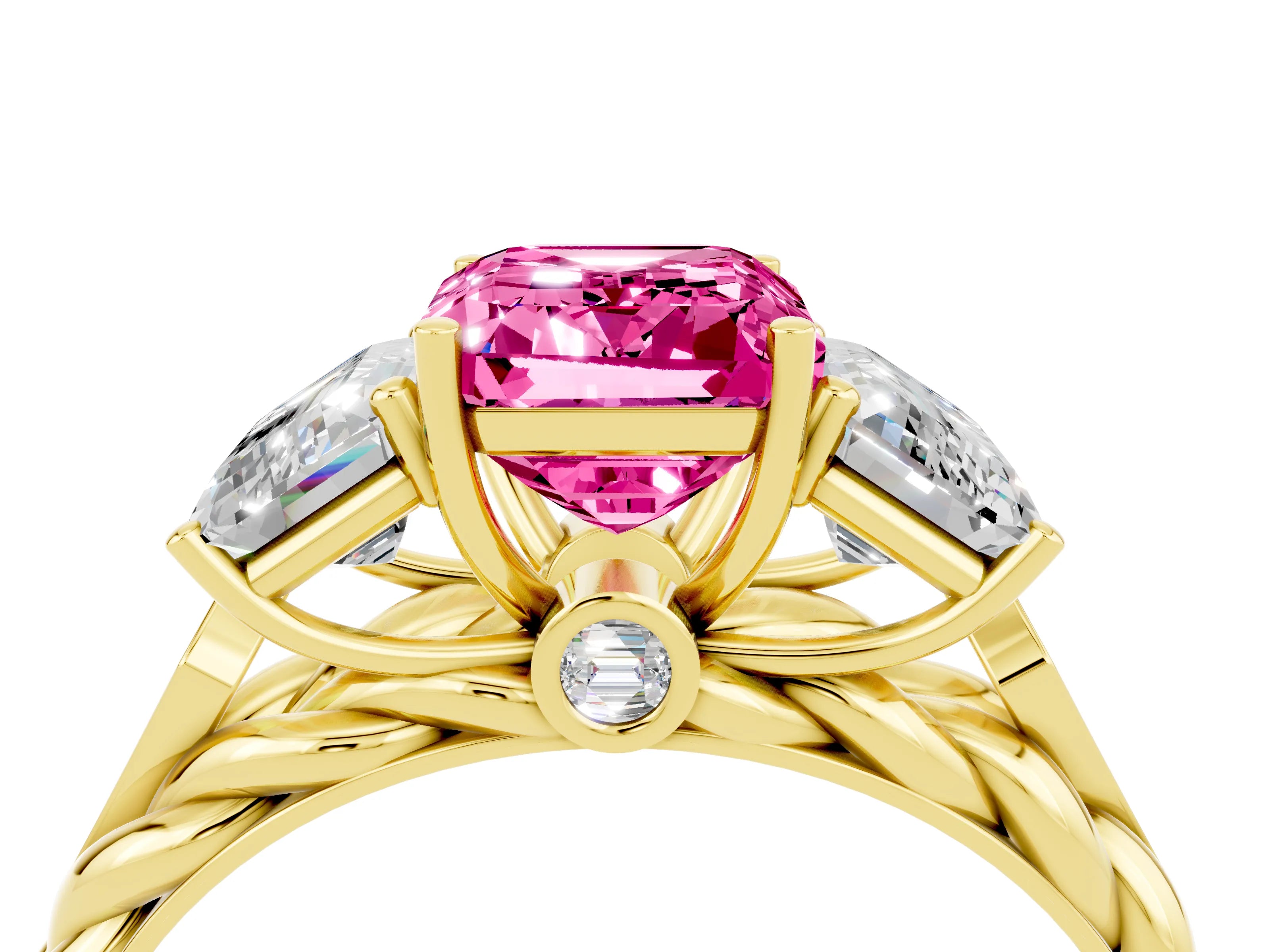 Yellow gold Three-Stone Emerald Cut Pink Sapphire Braided Band Ring with Four-Prong Setting_64