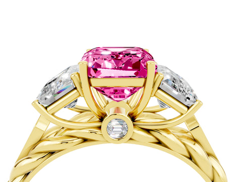 Yellow gold Three-Stone Emerald Cut Pink Sapphire Braided Band Ring with Four-Prong Setting_64