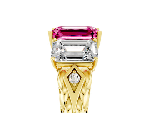 Yellow gold Three-Stone Emerald Cut Pink Sapphire Braided Band Ring with Four-Prong Setting_65