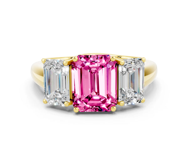 Yellow gold Three-Stone Emerald Cut Pink Sapphire Engagement Ring with Prong Setting