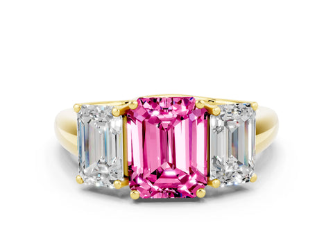 Yellow gold Three-Stone Emerald Cut Pink Sapphire Engagement Ring with Prong Setting_36
