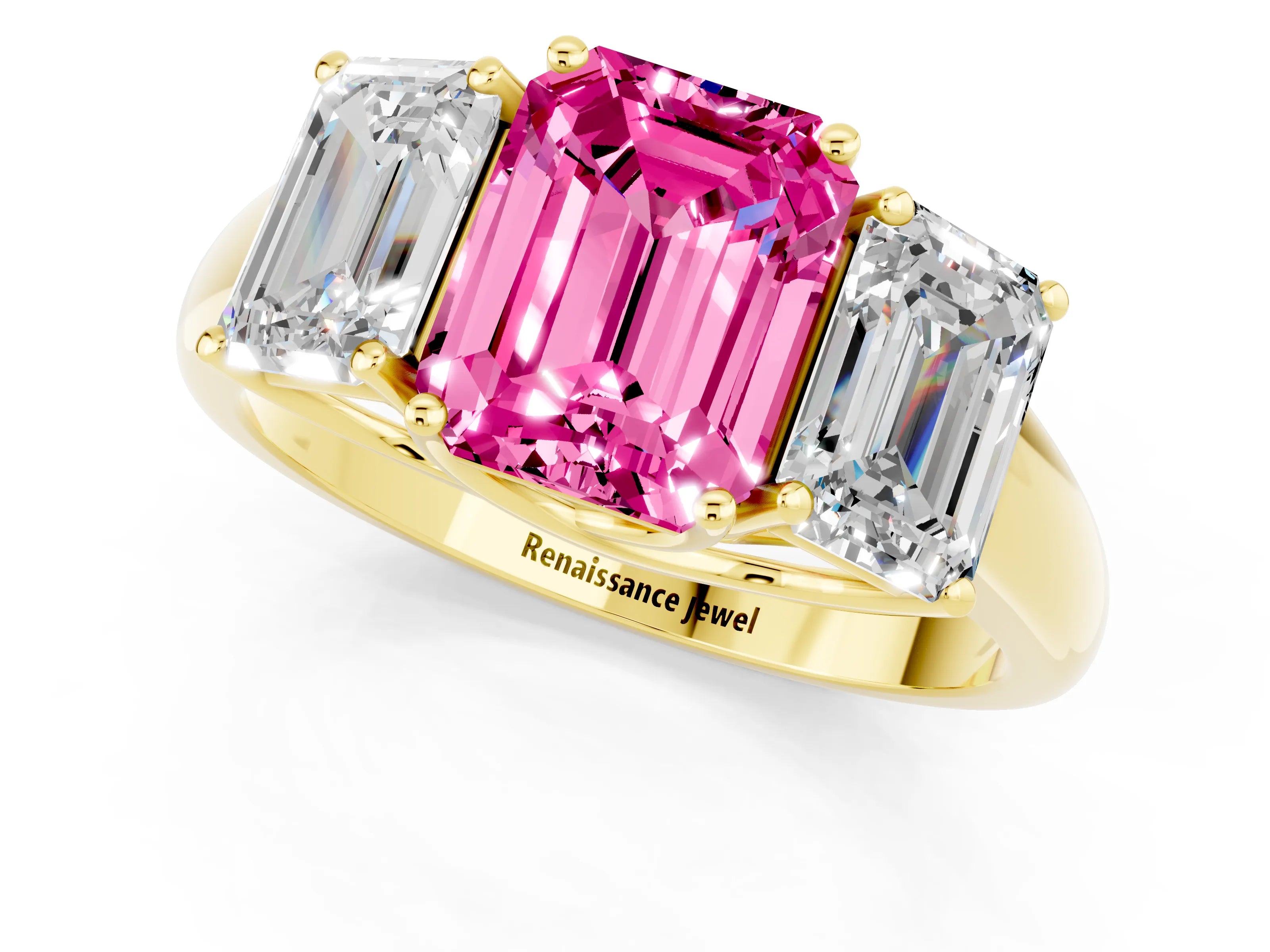 Yellow gold Three-Stone Emerald Cut Pink Sapphire Engagement Ring with Prong Setting_37