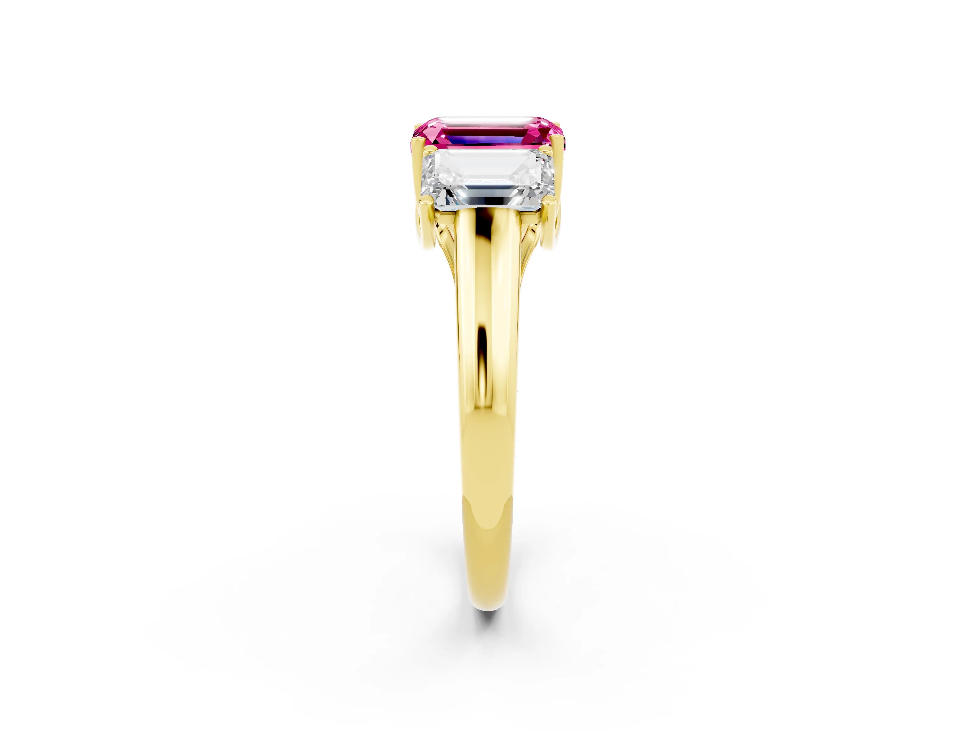 Yellow gold Three-Stone Emerald Cut Pink Sapphire Engagement Ring with Prong Setting_38