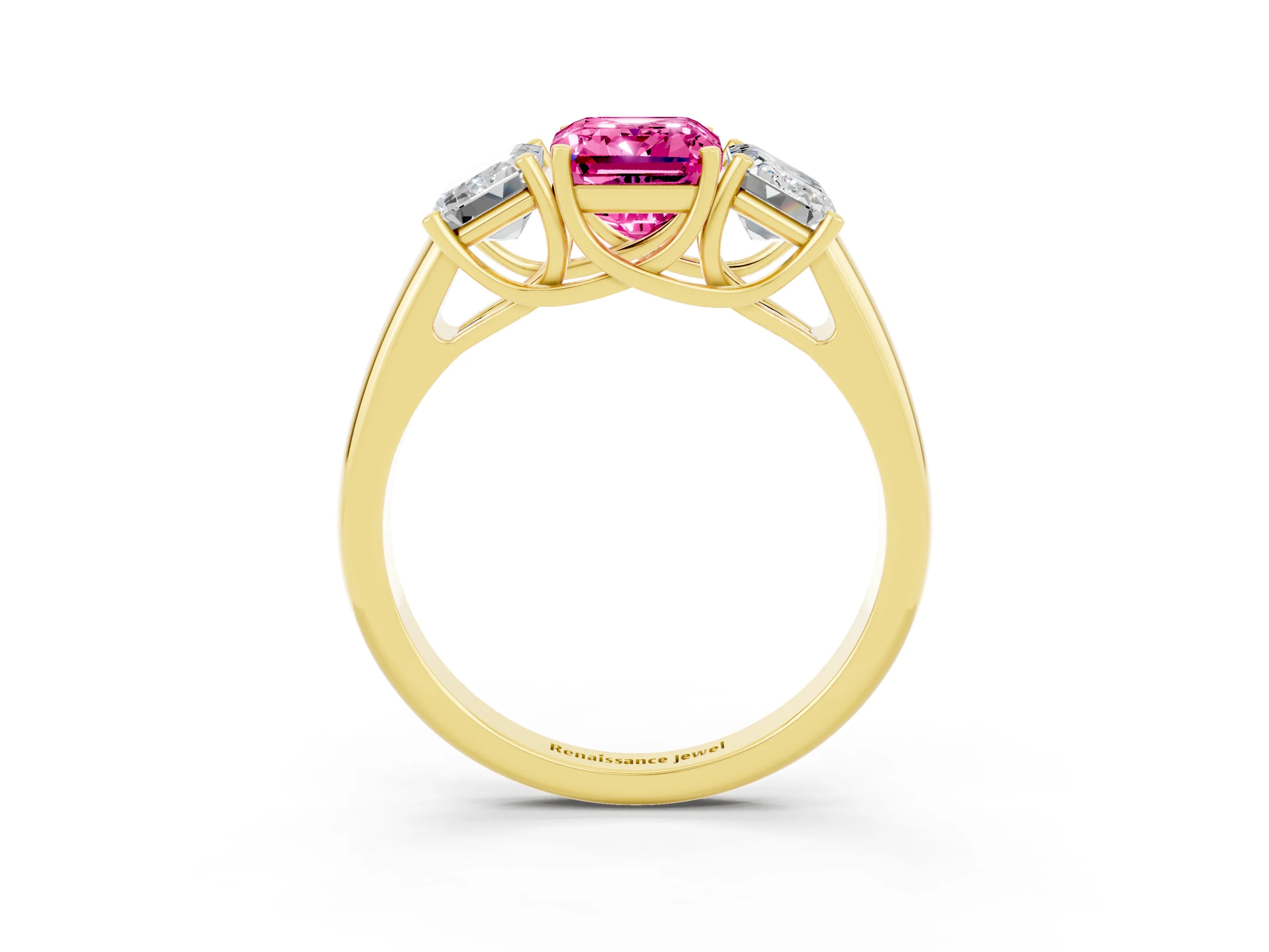 Yellow gold Three-Stone Emerald Cut Pink Sapphire Engagement Ring with Prong Setting_39