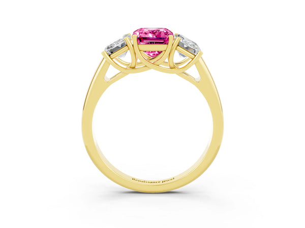 Yellow gold Three-Stone Emerald Cut Pink Sapphire Engagement Ring with Prong Setting