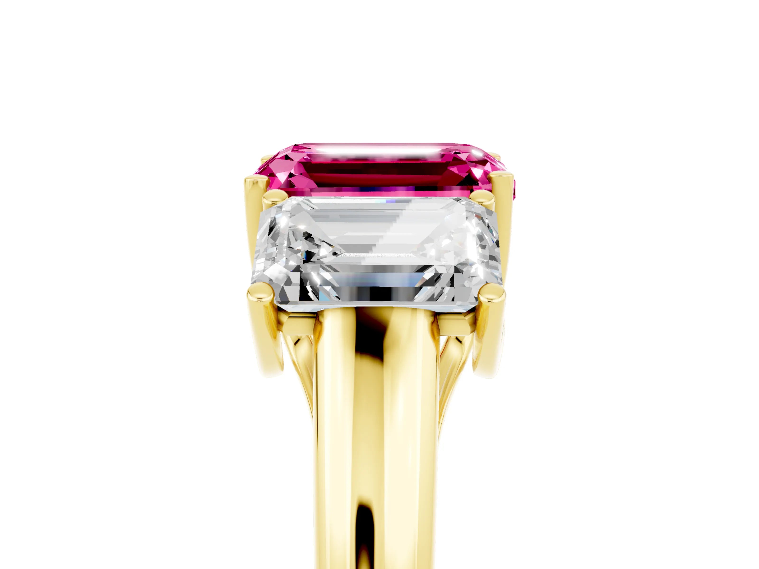 Yellow gold Three-Stone Emerald Cut Pink Sapphire Engagement Ring with Prong Setting_41