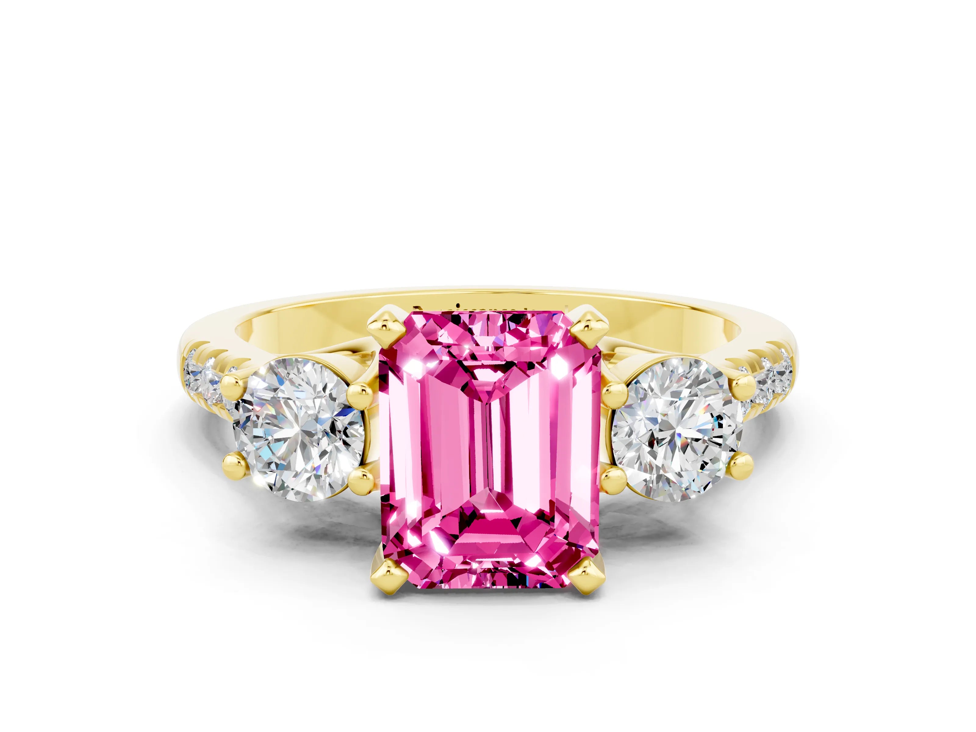 Yellow gold Three-Stone Emerald Cut Pink Sapphire Pavé Band with Four-Prong Setting_24