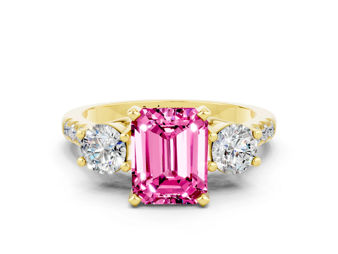 Yellow gold Three-Stone Emerald Cut Pink Sapphire Pavé Band with Four-Prong Setting_24