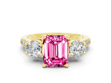 Yellow gold Three-Stone Emerald Cut Pink Sapphire Pavé Band with Four-Prong Setting_24