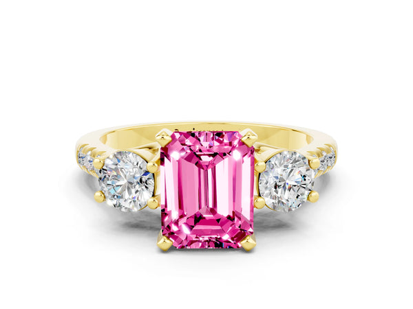 Yellow gold Three-Stone Emerald Cut Pink Sapphire Pavé Band with Four-Prong Setting