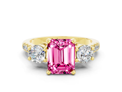 Yellow gold Three-Stone Emerald Cut Pink Sapphire Pavé Band with Four-Prong Setting_24