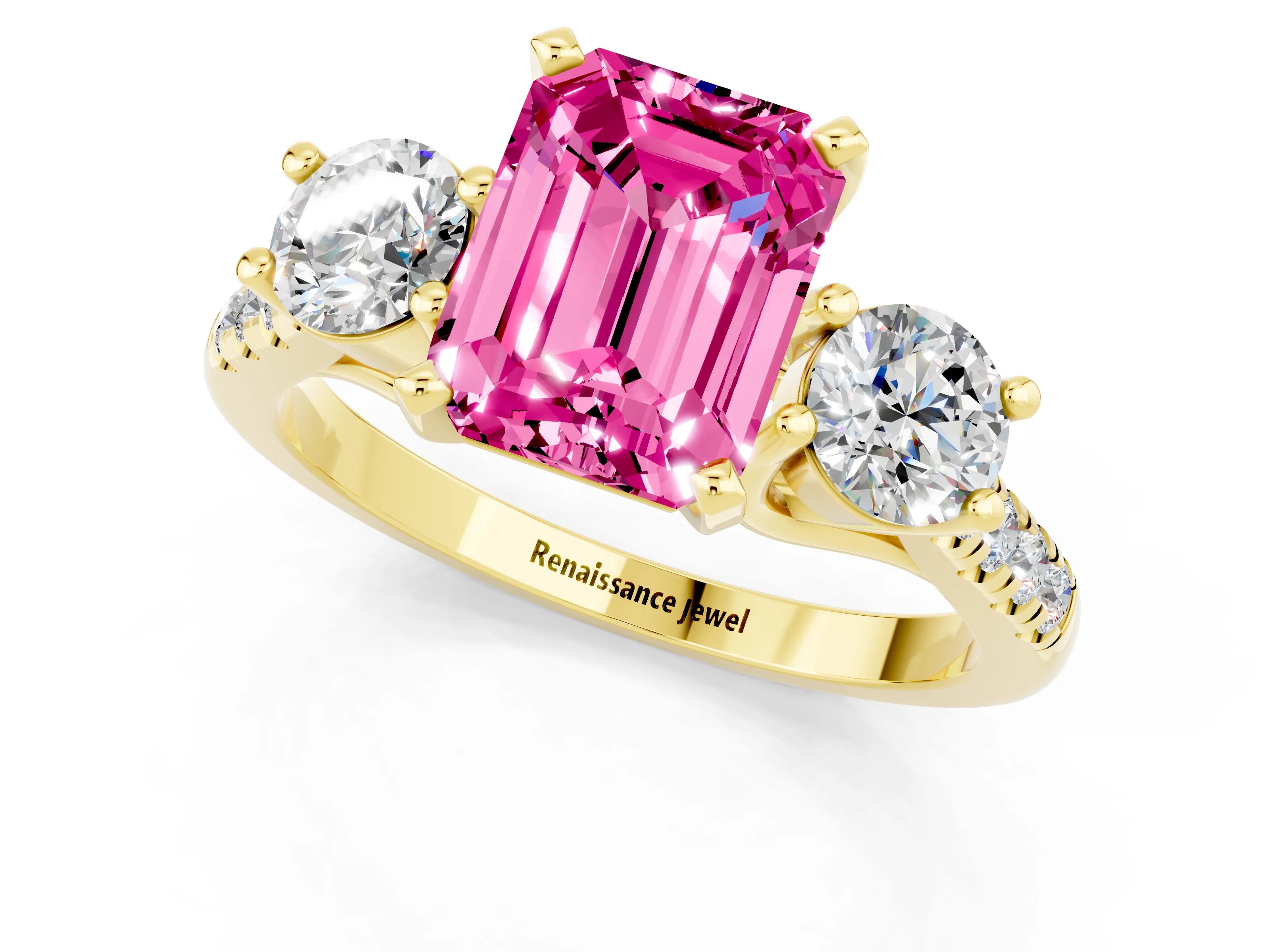 Yellow gold Three-Stone Emerald Cut Pink Sapphire Pavé Band with Four-Prong Setting_25
