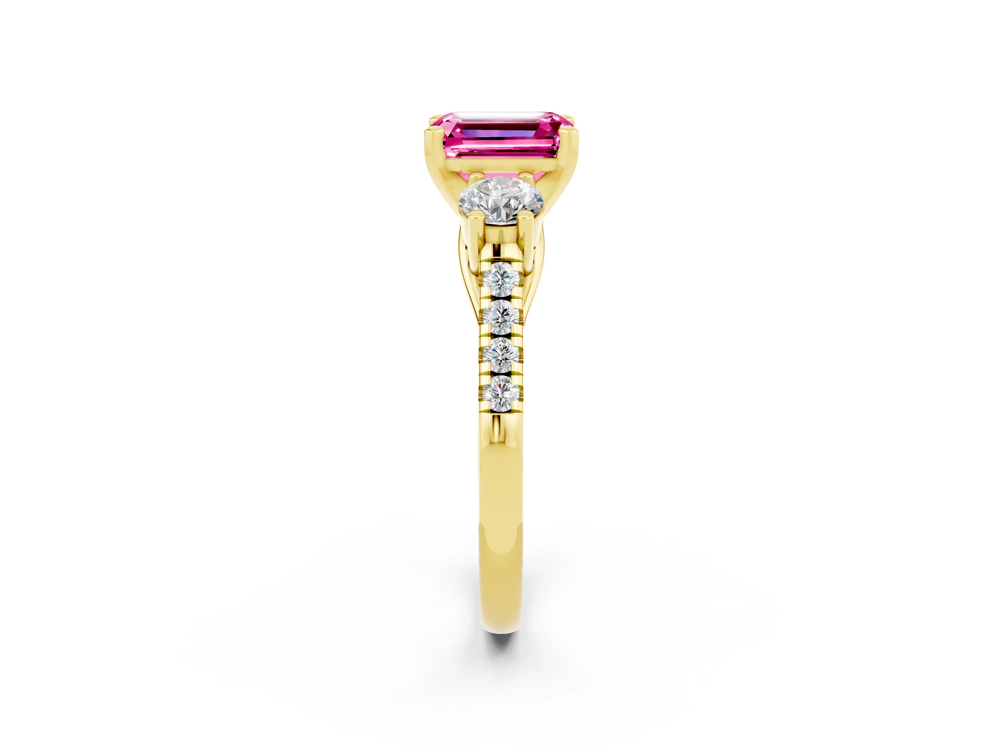 Yellow gold Three-Stone Emerald Cut Pink Sapphire Pavé Band with Four-Prong Setting_26