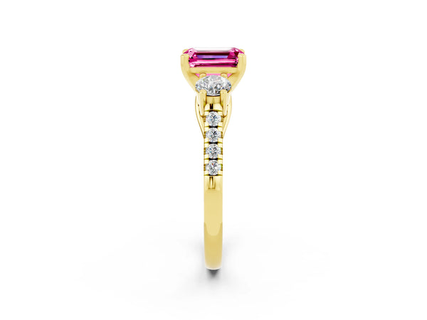Yellow gold Three-Stone Emerald Cut Pink Sapphire Pavé Band with Four-Prong Setting