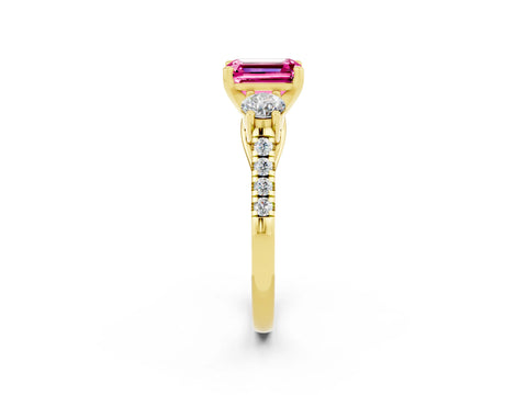 Yellow gold Three-Stone Emerald Cut Pink Sapphire Pavé Band with Four-Prong Setting_26