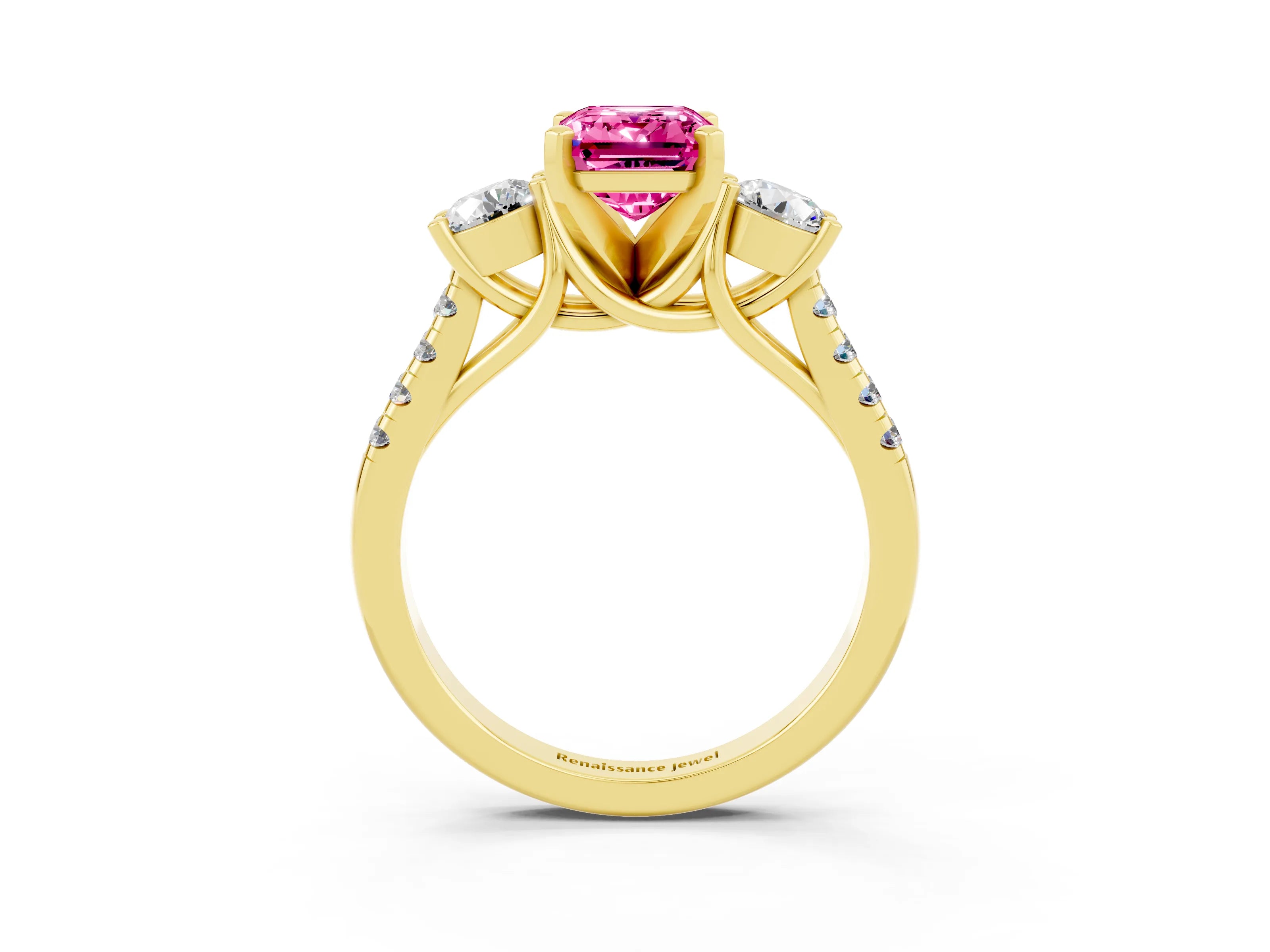 Yellow gold Three-Stone Emerald Cut Pink Sapphire Pavé Band with Four-Prong Setting_27