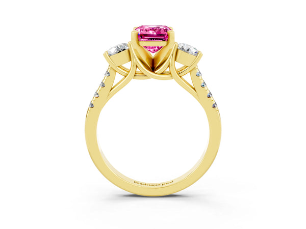 Yellow gold Three-Stone Emerald Cut Pink Sapphire Pavé Band with Four-Prong Setting