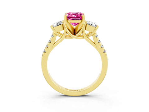 Yellow gold Three-Stone Emerald Cut Pink Sapphire Pavé Band with Four-Prong Setting_27