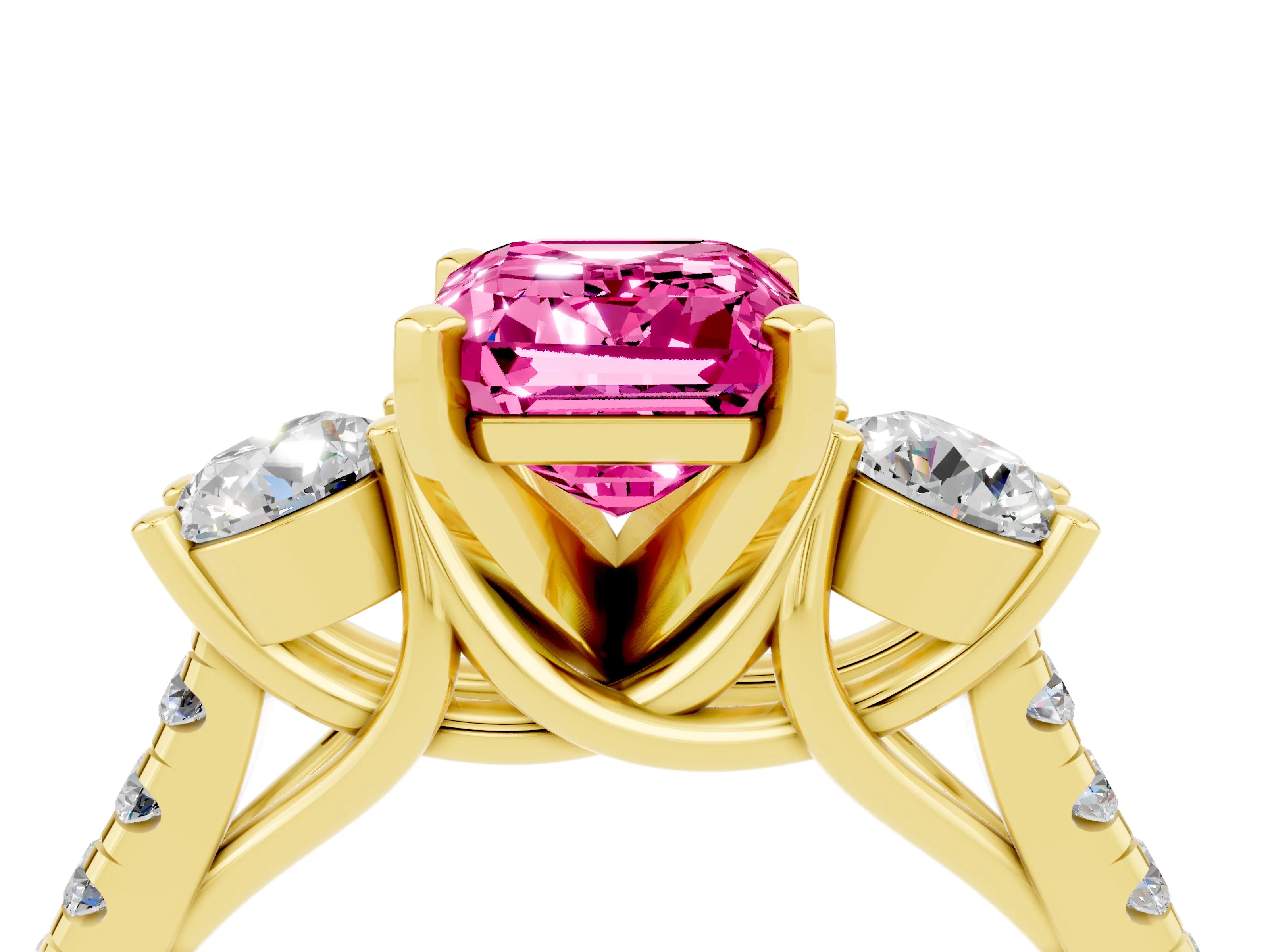 Yellow gold Three-Stone Emerald Cut Pink Sapphire Pavé Band with Four-Prong Setting_28