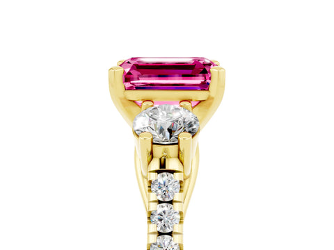 Yellow gold Three-Stone Emerald Cut Pink Sapphire Pavé Band with Four-Prong Setting_29