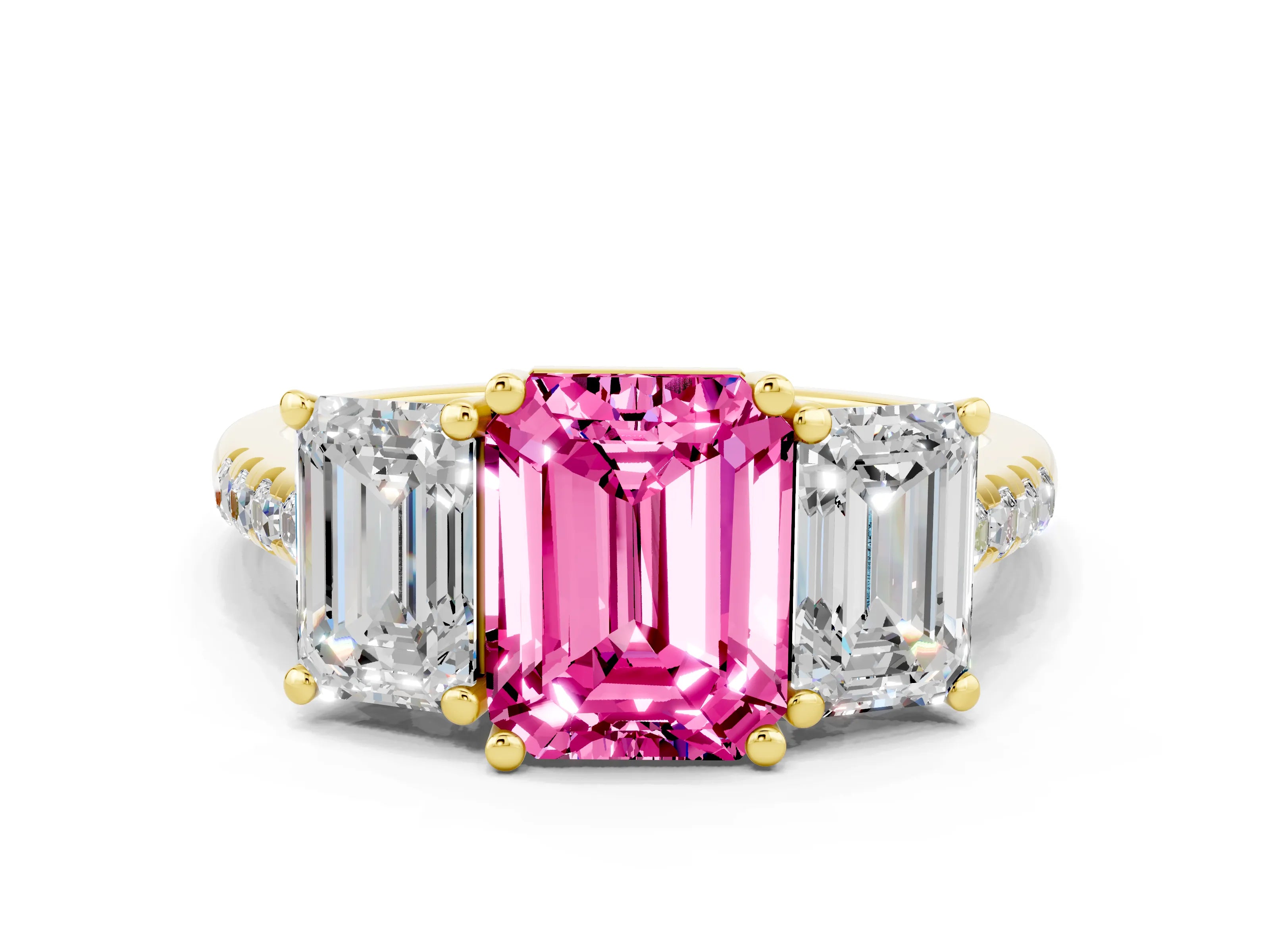 Yellow gold Three-Stone Emerald Cut Pink Sapphire Ring with Pavé Band and Prong Setting_36