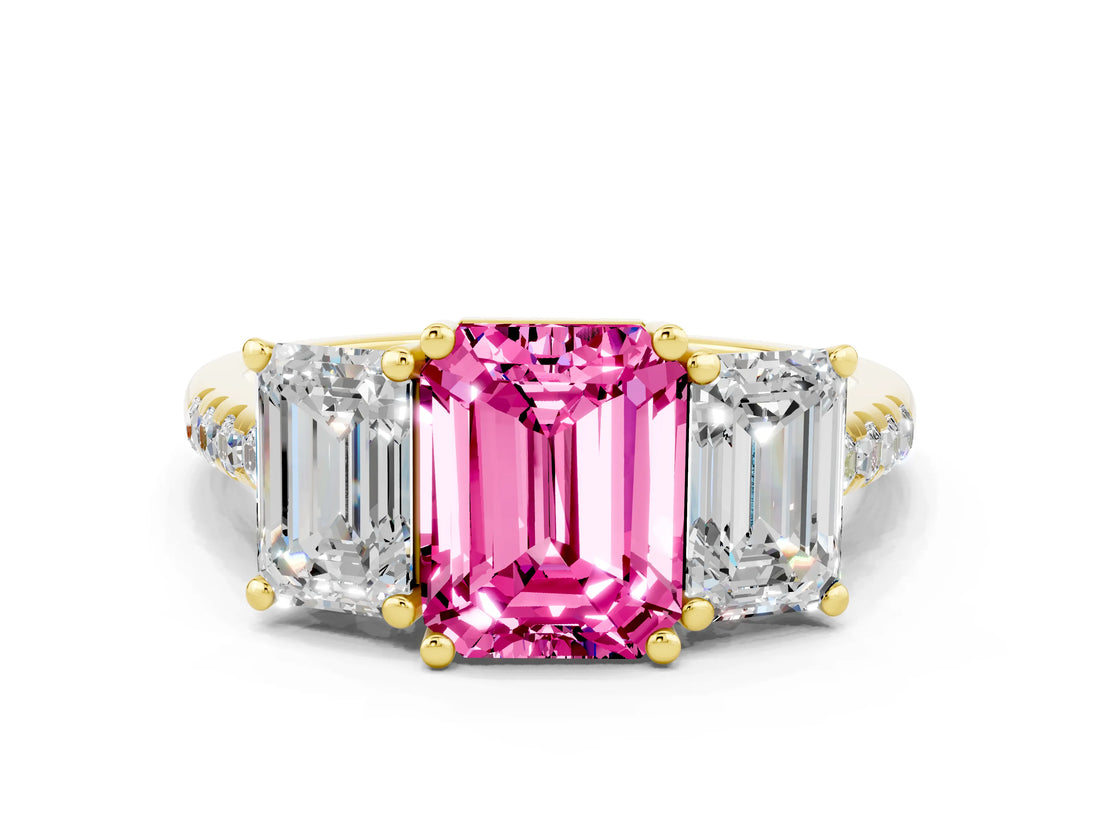 Yellow gold Three-Stone Emerald Cut Pink Sapphire Ring with Pavé Band and Prong Setting_36