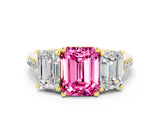 Yellow gold Three-Stone Emerald Cut Pink Sapphire Ring with Pavé Band and Prong Setting_36