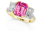 Yellow gold Three-Stone Emerald Cut Pink Sapphire Ring with Pavé Band and Prong Setting_37