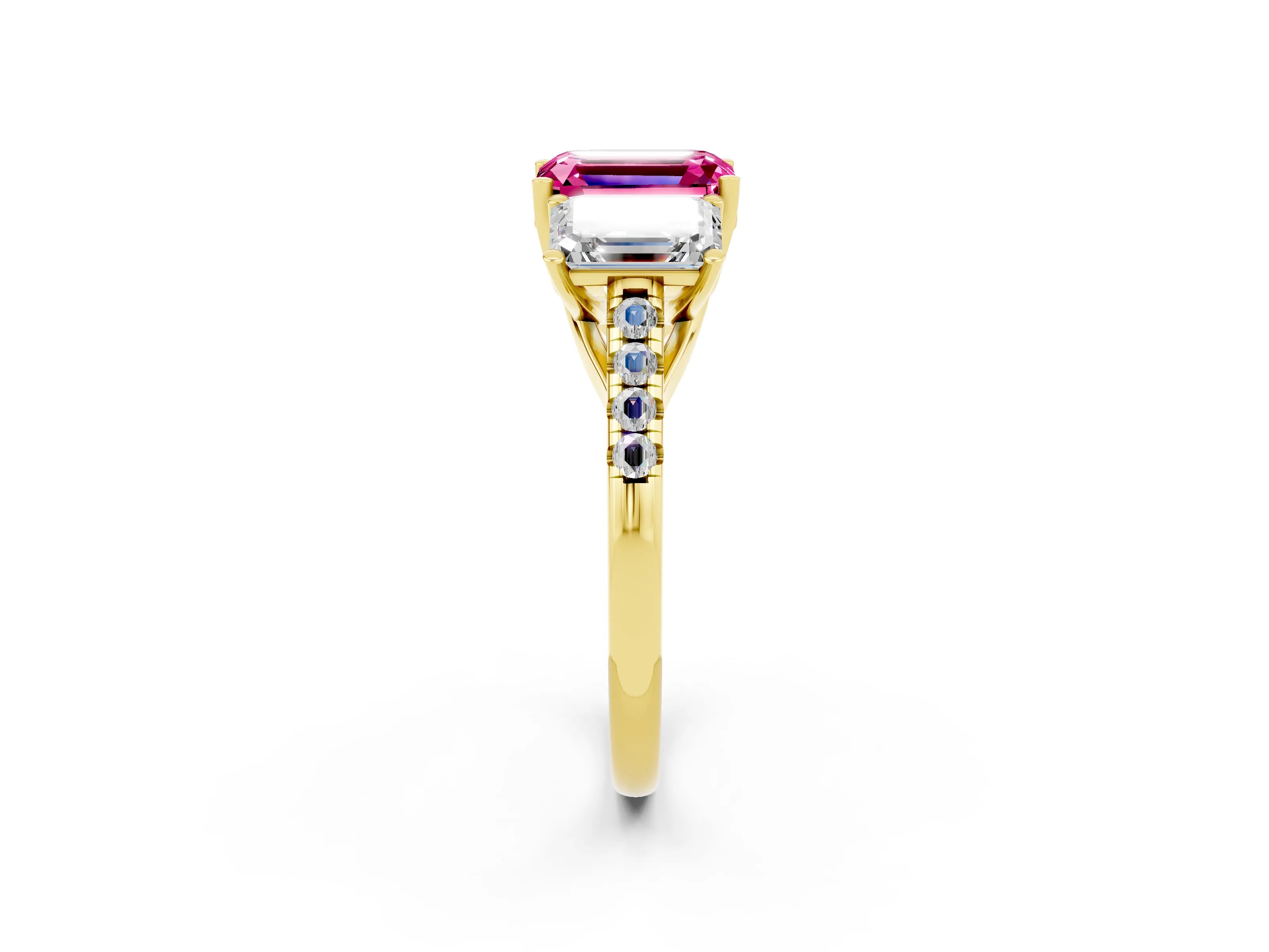 Yellow gold Three-Stone Emerald Cut Pink Sapphire Ring with Pavé Band and Prong Setting_38