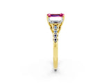 Yellow gold Three-Stone Emerald Cut Pink Sapphire Ring with Pavé Band and Prong Setting_38