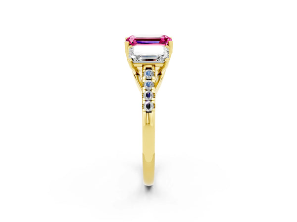 Yellow gold Three-Stone Emerald Cut Pink Sapphire Ring with Round  Pavé Band and Prong Setting