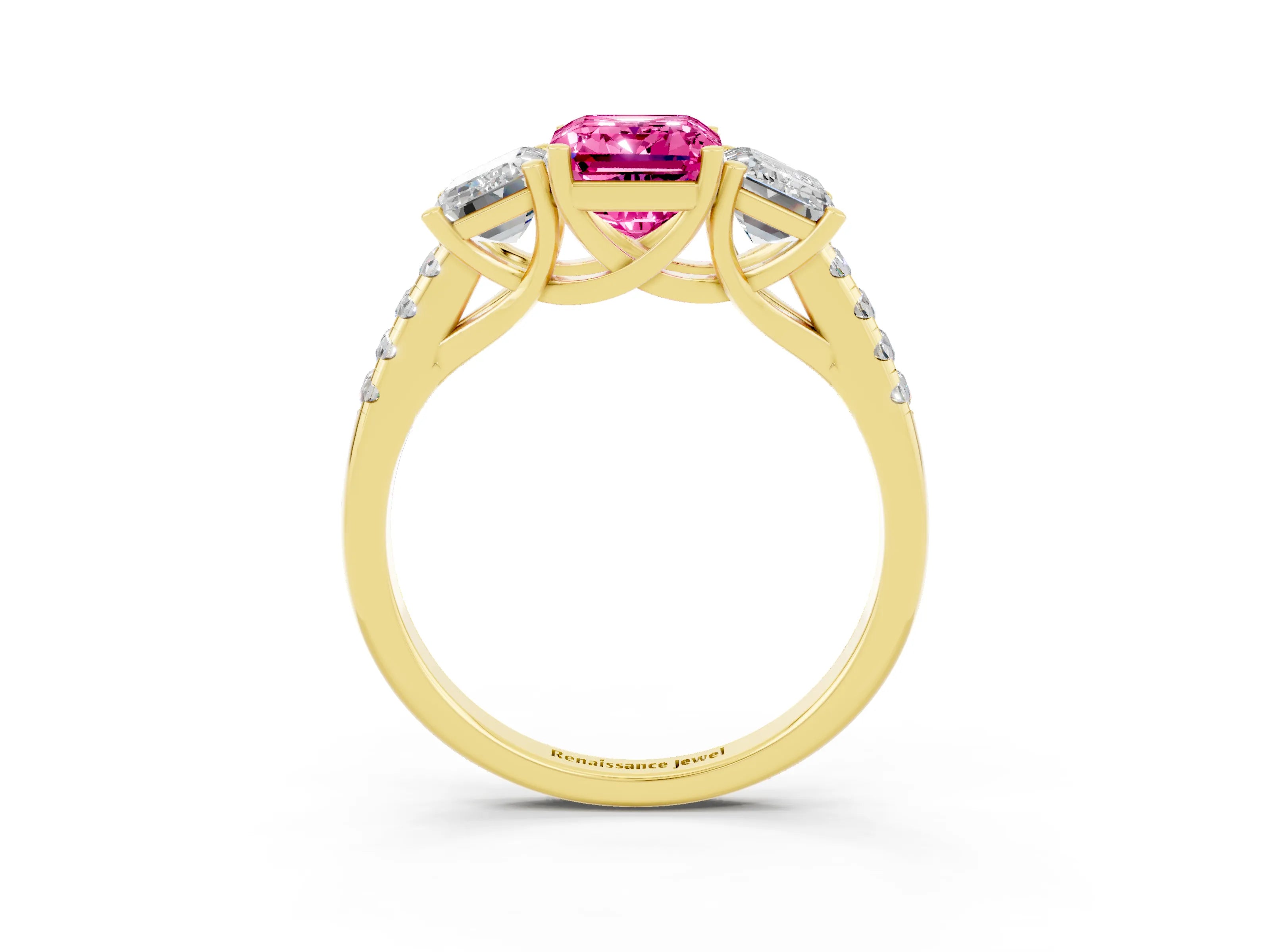 Yellow gold Three-Stone Emerald Cut Pink Sapphire Ring with Pavé Band and Prong Setting_39