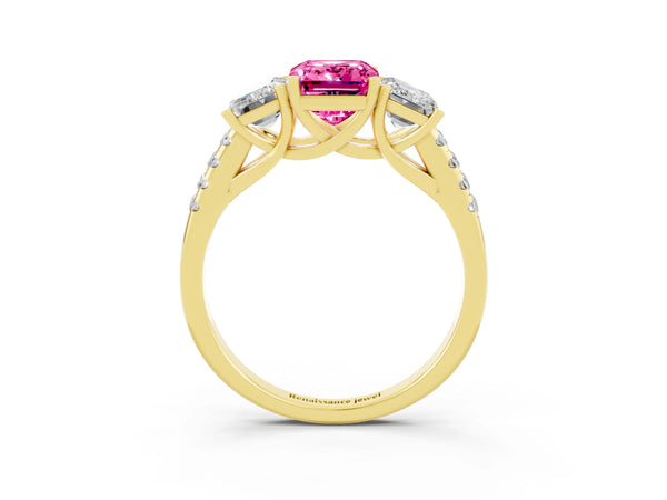 Yellow gold Three-Stone Emerald Cut Pink Sapphire Ring with Round  Pavé Band and Prong Setting