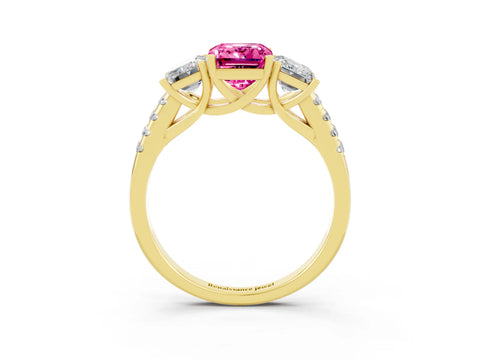 Yellow gold Three-Stone Emerald Cut Pink Sapphire Ring with Pavé Band and Prong Setting_39