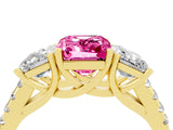 Yellow gold Three-Stone Emerald Cut Pink Sapphire Ring with Pavé Band and Prong Setting_40