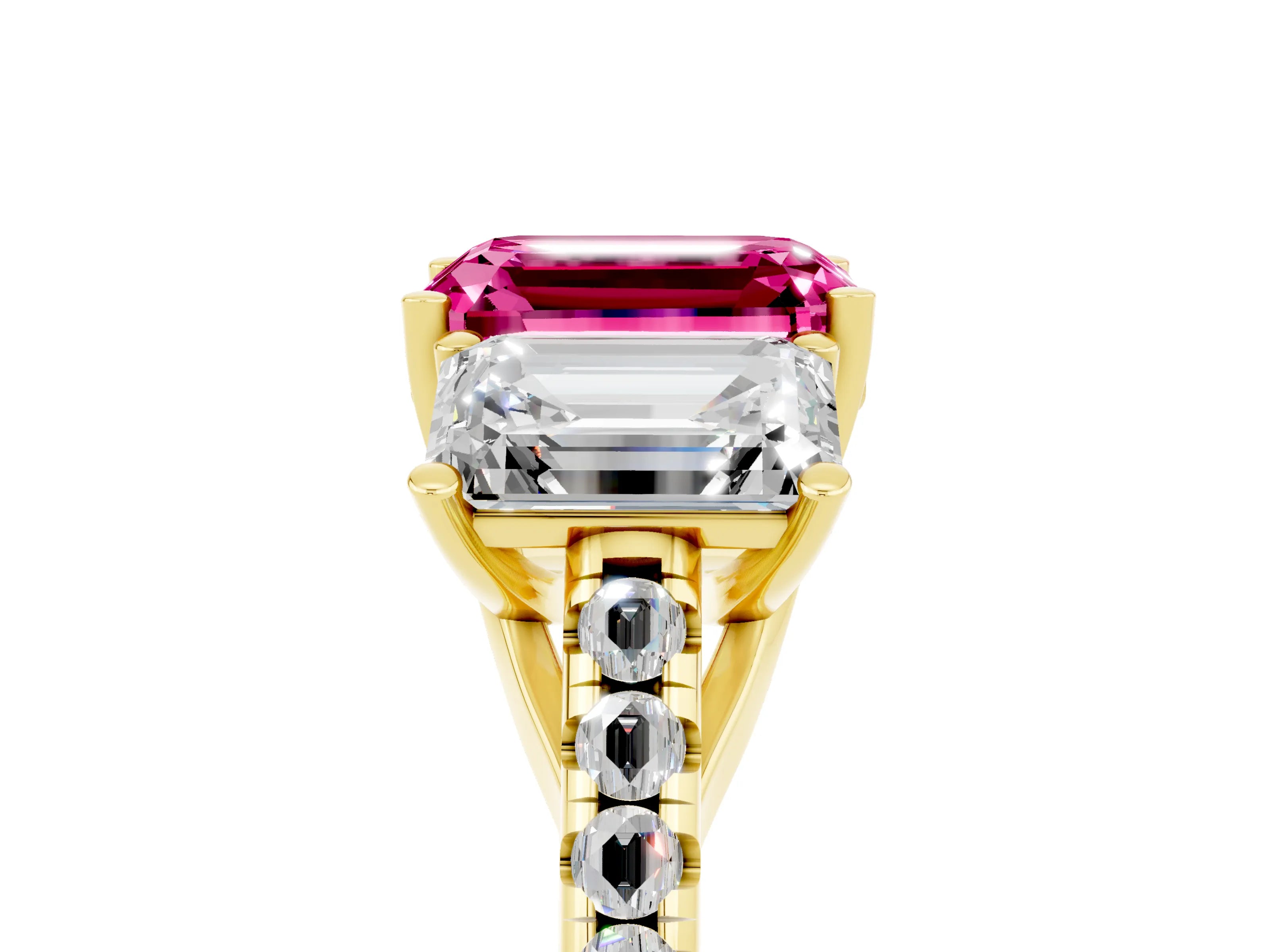 Yellow gold Three-Stone Emerald Cut Pink Sapphire Ring with Pavé Band and Prong Setting_41