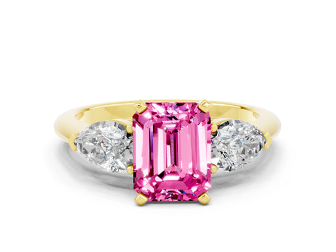 Yellow gold Three-Stone Emerald Cut Pink Sapphire Ring with Pear Side Stones and Four-Prong Setting_36