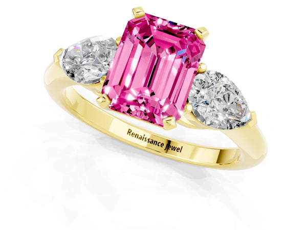 Yellow gold Three-Stone Emerald Cut Pink Sapphire Ring with Pear Side Stones and Four-Prong Setting