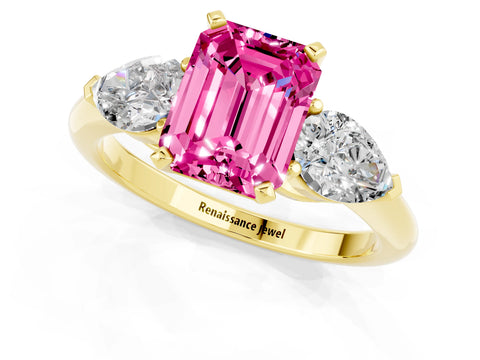 Yellow gold Three-Stone Emerald Cut Pink Sapphire Ring with Pear Side Stones and Four-Prong Setting_37
