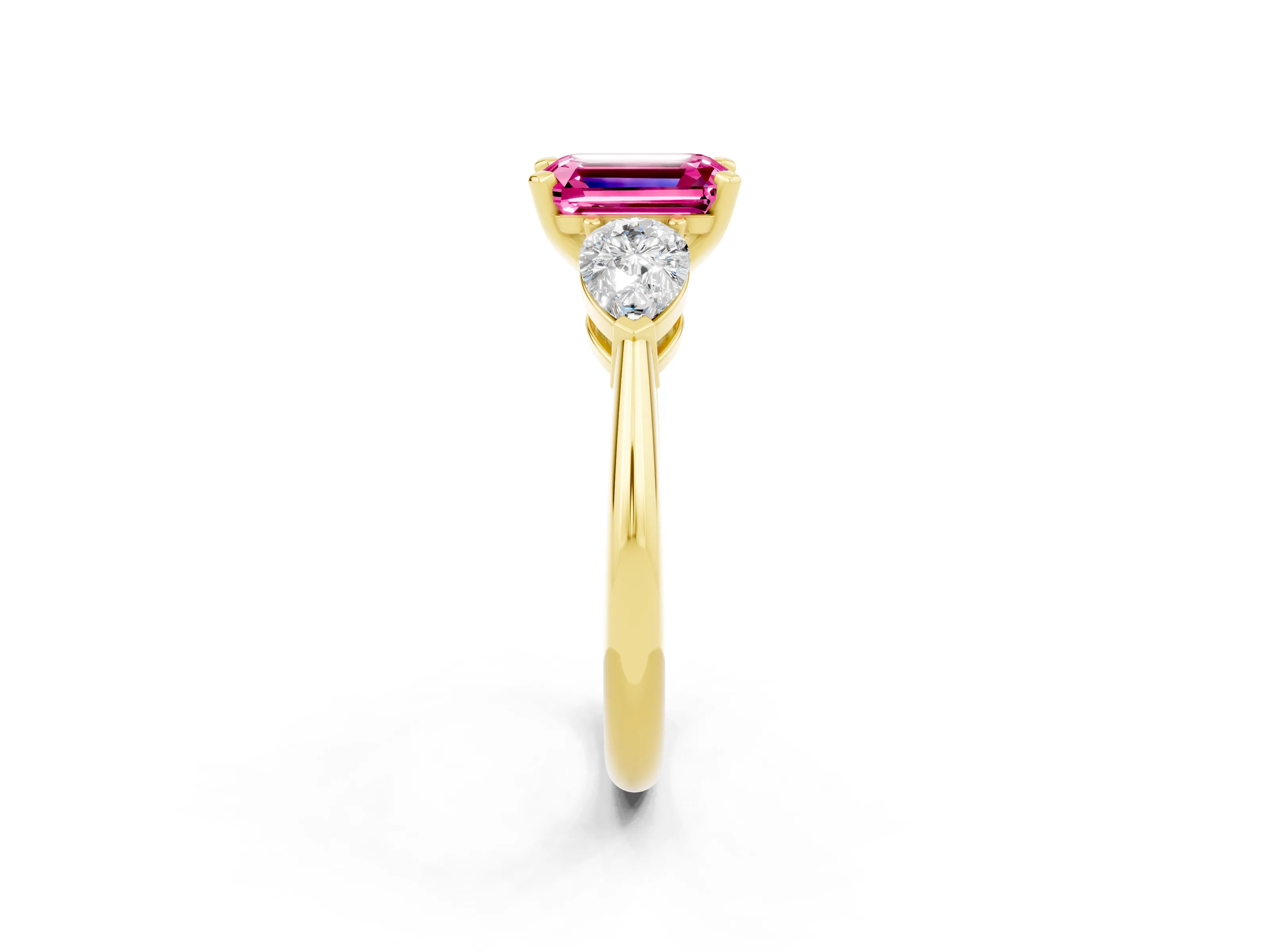 Yellow gold Three-Stone Emerald Cut Pink Sapphire Ring with Pear Side Stones and Four-Prong Setting_38